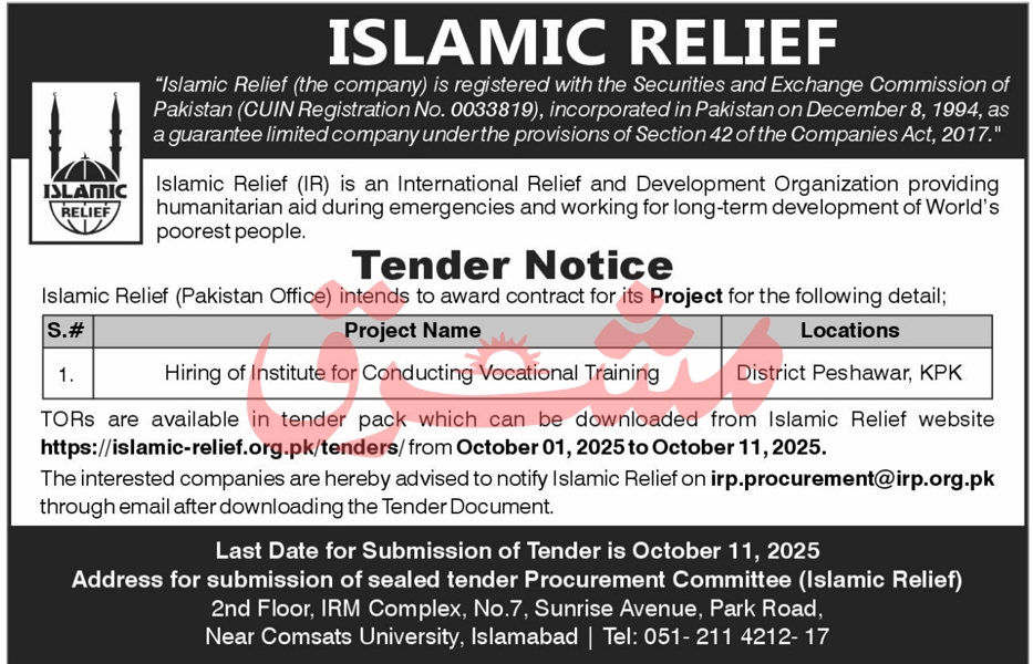 Islamic Relief Islamabad Tender Notice